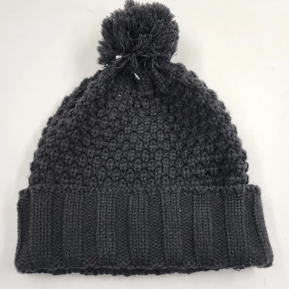 Sun + Stone Textured-Knit Cuffed Pom-Pom Beanie Hat Men's One Size Black